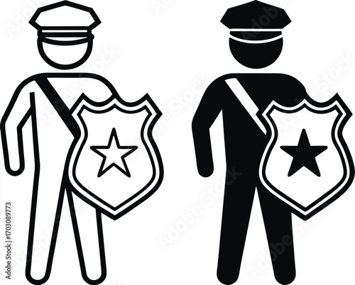 Authority Icons. Black and White Vector Illustrations. Policeman, Officer. Ability To Influence People's Behavior. Justice Concept

