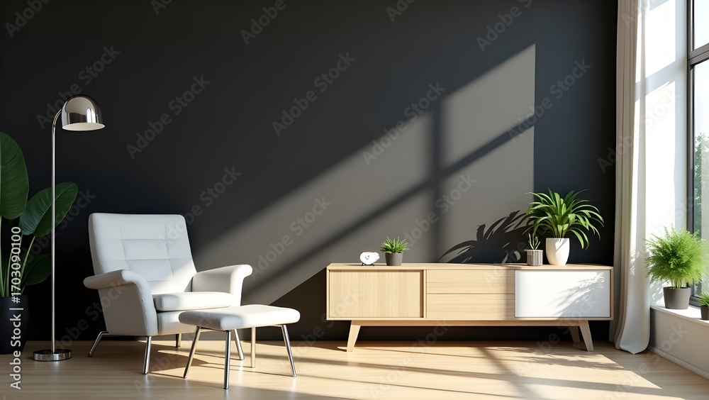 Fototapeta premium Modern black wall living room with white chair, wooden cabinet, indoor plants and natural light