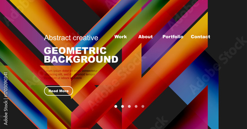 Vibrant geometric design. Colorful diagonal shapes create dynamic background. Text overlays promote work, portfolio, contact options.