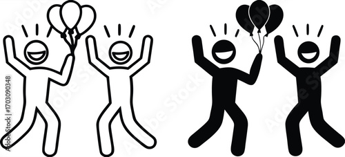 Celebration Icons. Black and White Vector Illustrations. Two People Smiling and Dancing with Balloons. Party, Congratulations on the Important Event. Reward Concept

