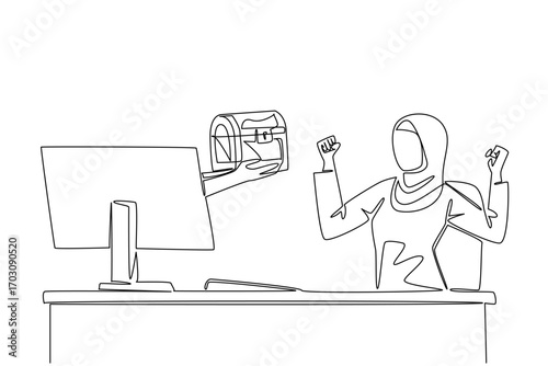Single continuous line drawing hands out of the monitor screen while holding a treasure chest. Doing business and adventure for unique things. Things from Screen. One line design vector illustration