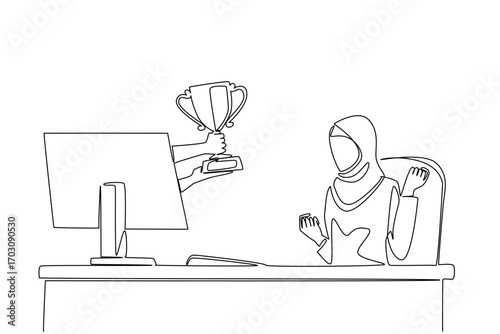 Single one line drawing hands out of the monitor screen while holding a trophy. True winners get recognition. Feeling of enthusiasm. Things from Screen. Continuous line design graphic illustration