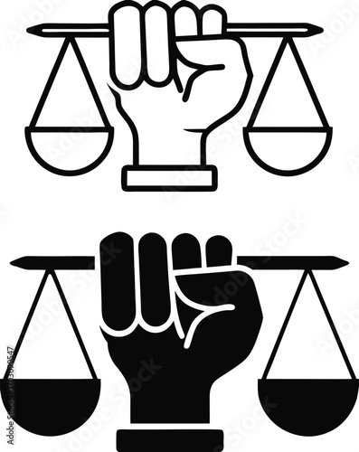 Human Rights Icons. Black And White Vector Illustrations. Human Hand Holding Scales Of Justice. Right To Legal Protection Of All People. Justice Concept

