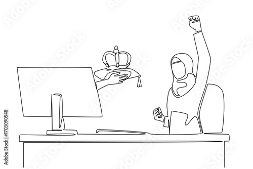Continuous one line drawing hands out of the monitor screen while holding a crown. Sole successor to the position of the company. Owner. Things from Screen. Single line draw design vector illustration