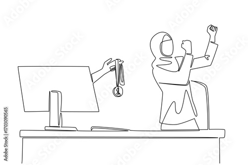 Single continuous line drawing hands out of the monitor screen while holding medal. Always at the forefront of business innovation. Recognition. Things from Screen. One line design vector illustration