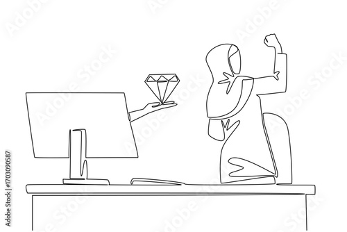 Single one line drawing hands out of the monitor screen while holding a diamond. A luxurious surprise resulting from hard work. Happy. Things from Screen. Continuous line design graphic illustration