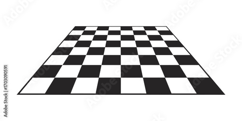 Empty perspective chessboard with black and white squares pattern in isometric view, vector tiled floor texture for game background or strategic board design illustration