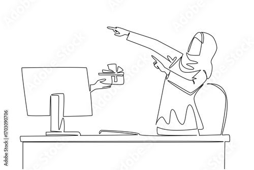 Continuous one line drawing hands out of the monitor screen while holding a wallet with some money coming out. Initial business capital. Things from Screen. Single line draw design vector illustration
