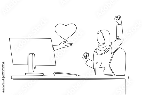 Single continuous line drawing hands out of monitor screen while holding love. Late to build love for business. Success that goes hand in hand. Things from Screen. One line design vector illustration