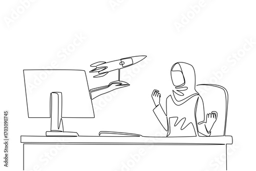 Continuous one line drawing hands out of the monitor screen while holding a  rocket. The hard worker who perseveres until she succeeds. Things from Screen. Single line draw design vector illustration