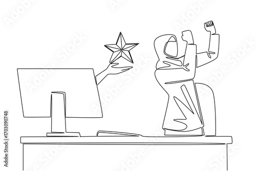 Single one line drawing hands out of monitor screen while holding a star shape. Best rating is a good thing. The first step to success. Things from Screen. Continuous line design graphic illustration
