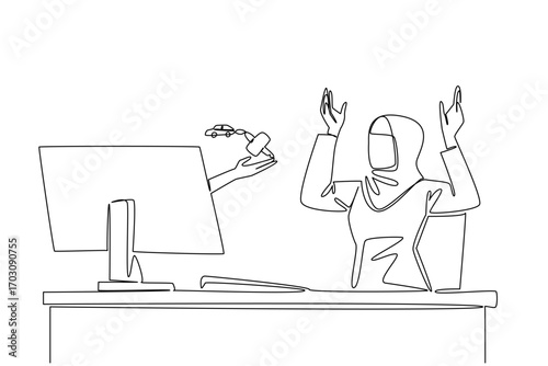 Single continuous line drawing hands out of monitor screen while holding car key with a car shaped keychain. The smart worker who reaps rewards. Things from Screen. One line design vector illustration