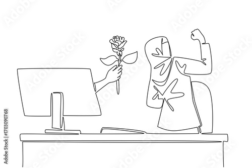 Continuous one line drawing hands out of the monitor screen while holding a rose flower. Receive a sign of love. Sincere attention. Things from Screen. Single line draw design vector illustration