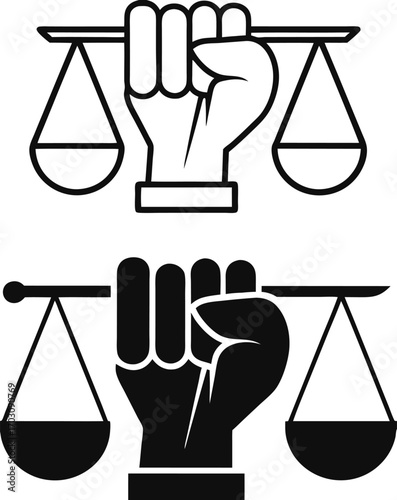 Human Rights Icons. Black And White Vector Illustrations. Human Hand Holding Scales Of Justice. Right To Legal Protection Of All People. Justice Concept

