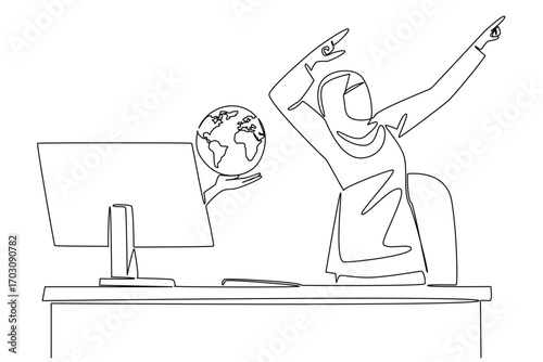 Continuous one line drawing hands out of the monitor screen while holding a globe. Get a bigger business network. Celebrating success. Things from Screen. Single line draw design vector illustration