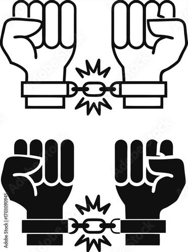 Freedom Icons. Black and White Vector Illustrations. Man in Handcuffs Breaks the Chain. Act According to Own Choice and Inner Beliefs, Independence. Concept Justice

