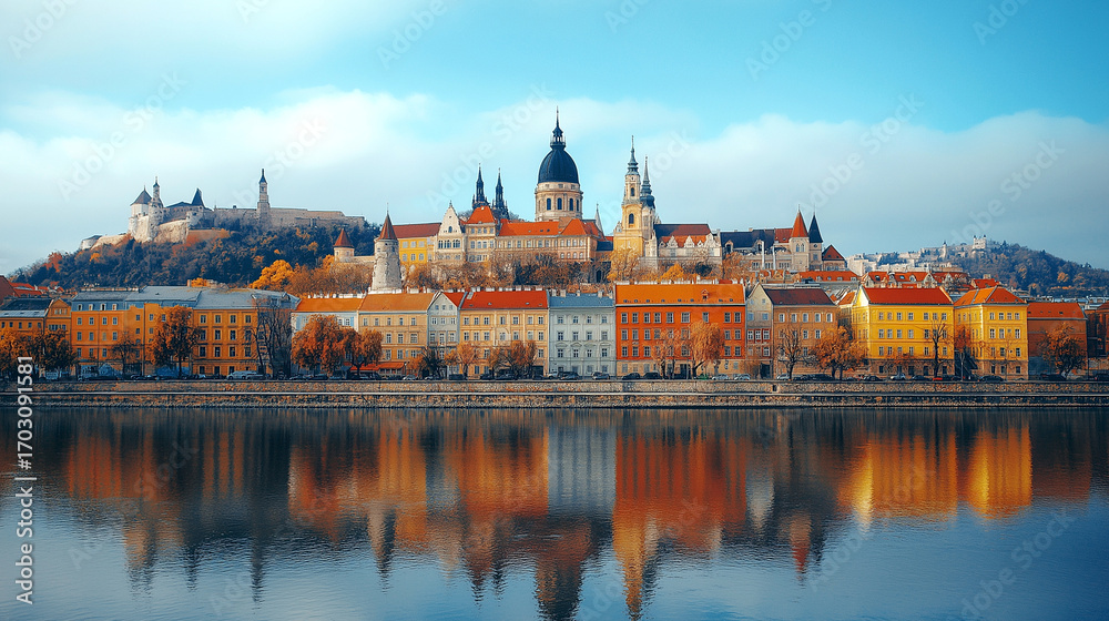 Obraz premium Historic Budapest Skyline Buda Castle Hill Panorama with Riverfront on Danube river in autumn Hungary reflection in the water