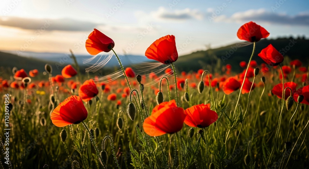 Obraz premium Field of Red Poppies at Sunset.