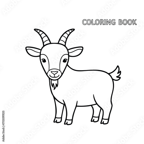 Black and white line drawing of a goat with horns for a children's coloring book design illustration