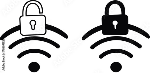 Wi Fi Icons. Black and White Vector Illustrations. Padlock and Wi Fi Internet. Protecting Wireless Network from Unauthorized Access. Concept Password and Data Security

