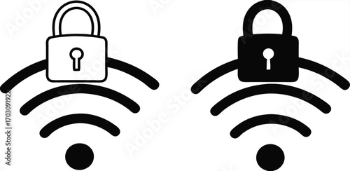 Wi Fi Icons. Black and White Vector Illustrations. Padlock and Wi Fi Internet. Protecting Wireless Network from Unauthorized Access. Concept Password and Data Security

