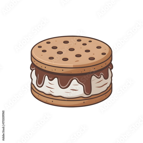 Delicious ice cream sandwich with chocolate cookie and creamy vanilla ice cream filling