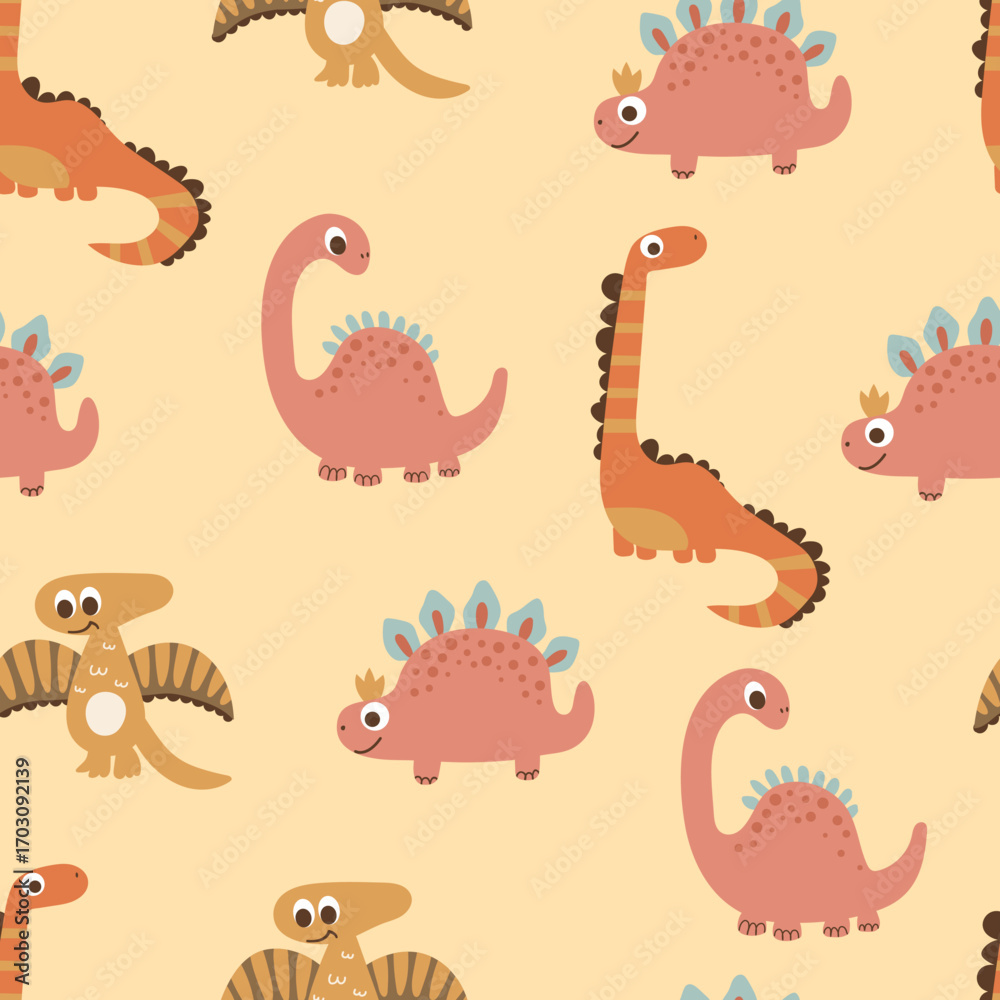 Obraz premium Cartoon Dinosaur Pattern Illustration. Design for fabric, textile, wallpaper, packaging 