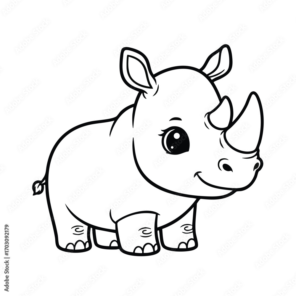 Obraz premium Cute cartoon baby rhinoceros with big eyes and a smiling face standing on white background illustration