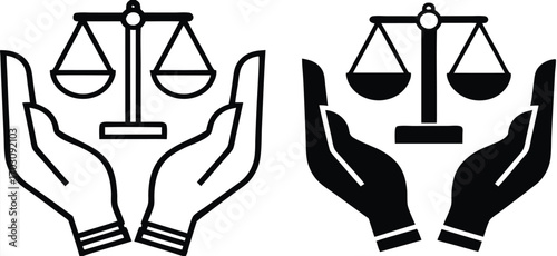 Fair Icons. Black and White Vector Illustrations. Scales of Justice in Human Hands. Acting Impartially, According to Truth. Concept Fairness

