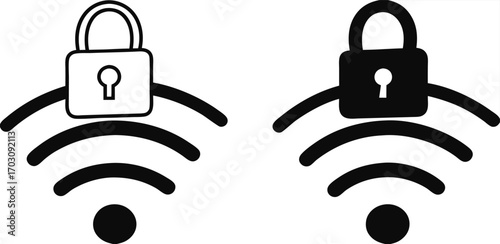 Wi Fi Icons. Black and White Vector Illustrations. Padlock and Wi Fi Internet. Protecting Wireless Network from Unauthorized Access. Concept Password and Data Security

