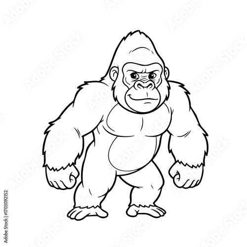 Illustration of a strong and muscular gorilla standing with a determined expression in a bold black and white line art style