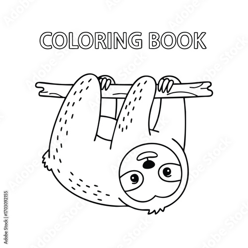 Cute cartoon sloth hanging upside down from a tree branch in a black and white coloring book style illustration
