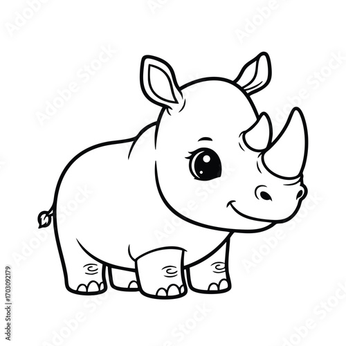 Cute cartoon baby rhinoceros with big eyes and a smiling face standing on white background illustration