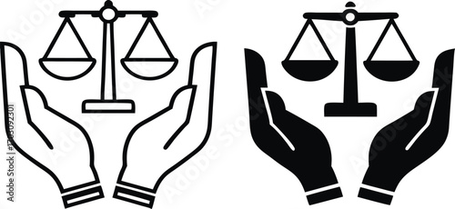 Fair Icons. Black and White Vector Illustrations. Scales of Justice in Human Hands. Acting Impartially, According to Truth. Concept Fairness

