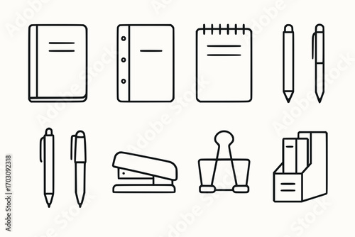 Minimalist line icons of office stationery and organization