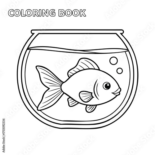 Black and white line drawing of a fish swimming inside a round fishbowl with bubbles for coloring book illustration