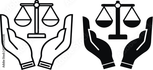 Fair Icons. Black and White Vector Illustrations. Scales of Justice in Human Hands. Acting Impartially, According to Truth. Concept Fairness


