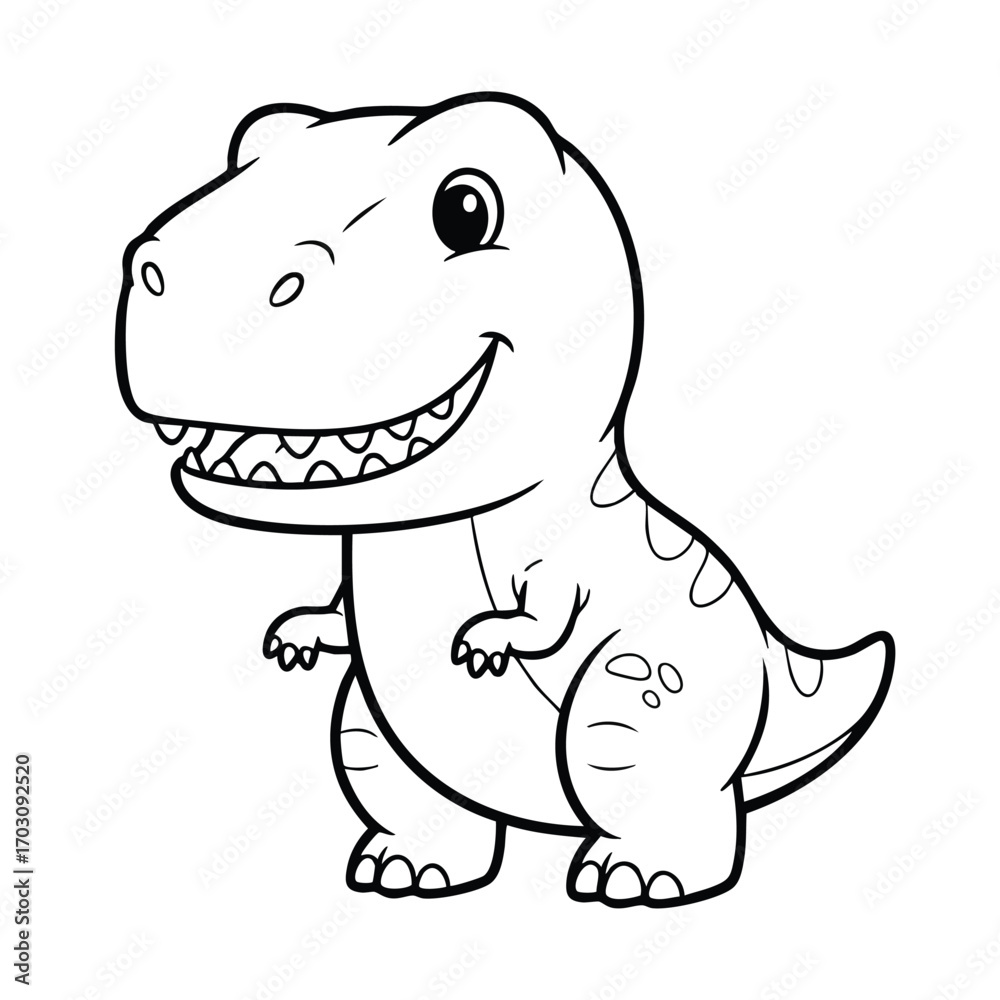 Fototapeta premium Cute smiling cartoon dinosaur with big eyes and small arms standing in a friendly pose on a white background
