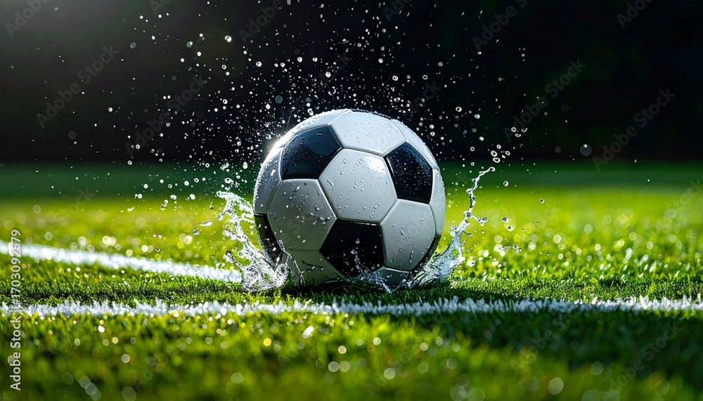 Naklejka premium Soccer ball on wet grass with water splashing around it.