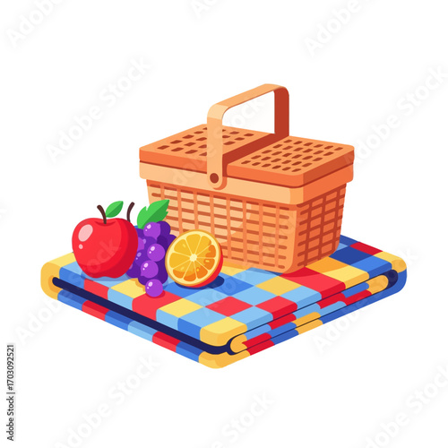 Picnic basket with fruits on a colorful checkered blanket, summer outdoor leisure.