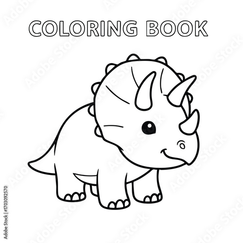 Cute cartoon triceratops dinosaur outline for children's coloring book with simple bold lines and smiling face