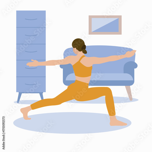 Woman Practicing Warrior Two Pose at Home