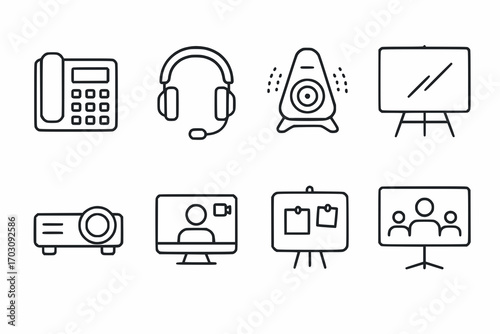 Minimalist line icons of office communication and meeting tools
