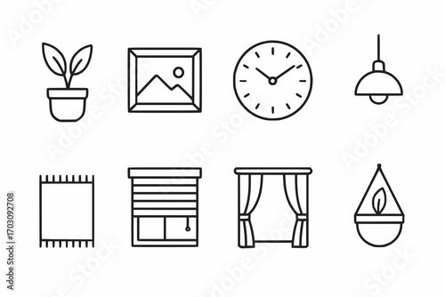 Minimalist line icons of office decor and accessories