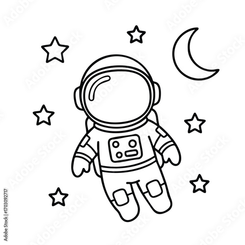 Black and white line art of an astronaut floating in space surrounded by stars and a crescent moon illustration