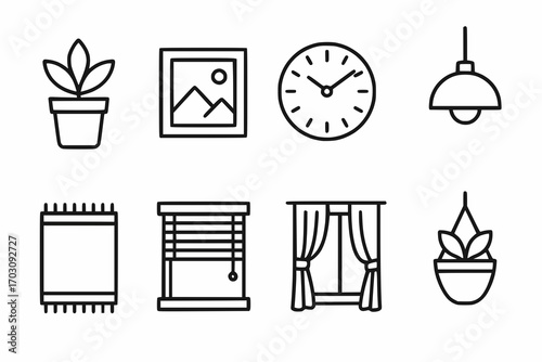 Minimalist line icons of office decor and accessories