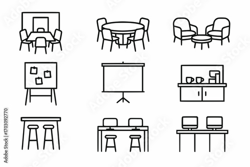 Minimalist line icons of office collaboration and meeting spaces
