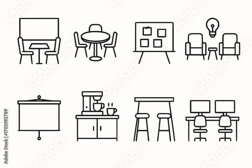 Minimalist line icons of office collaboration and meeting spaces