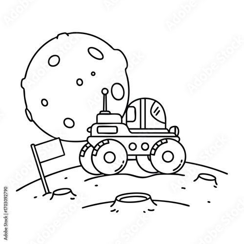A detailed black and white line drawing of a lunar rover exploring the moon with craters and a flag planted nearby