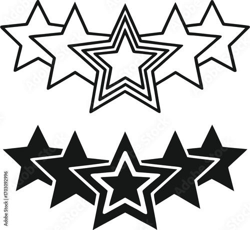 Star Icons. Black and White Vector Illustration. Five Stars, Competition Rating, Top Score. Reward Concept

